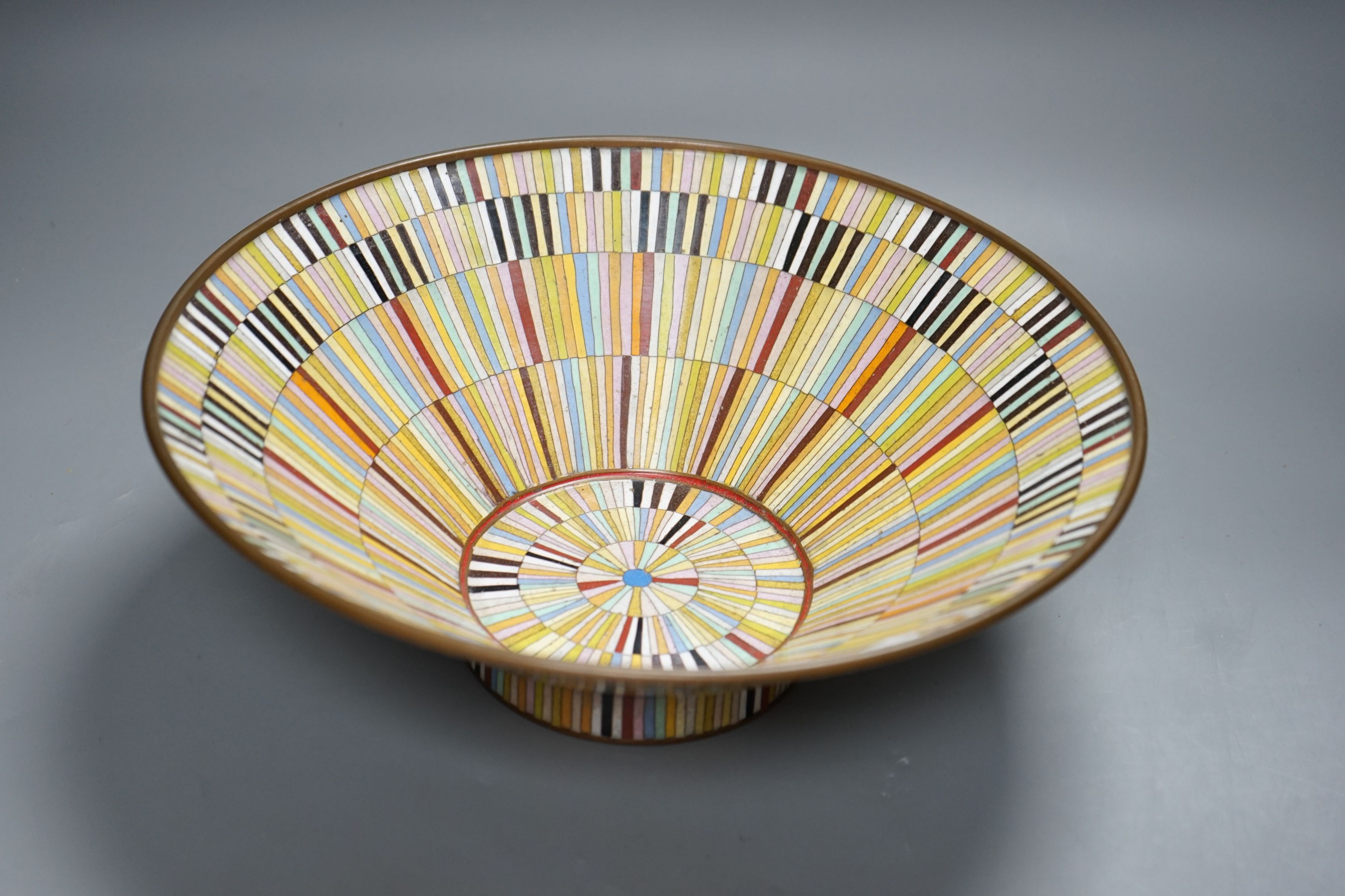 An Art Deco style polychrome cloisonné enamel bowl, 33cm diameter